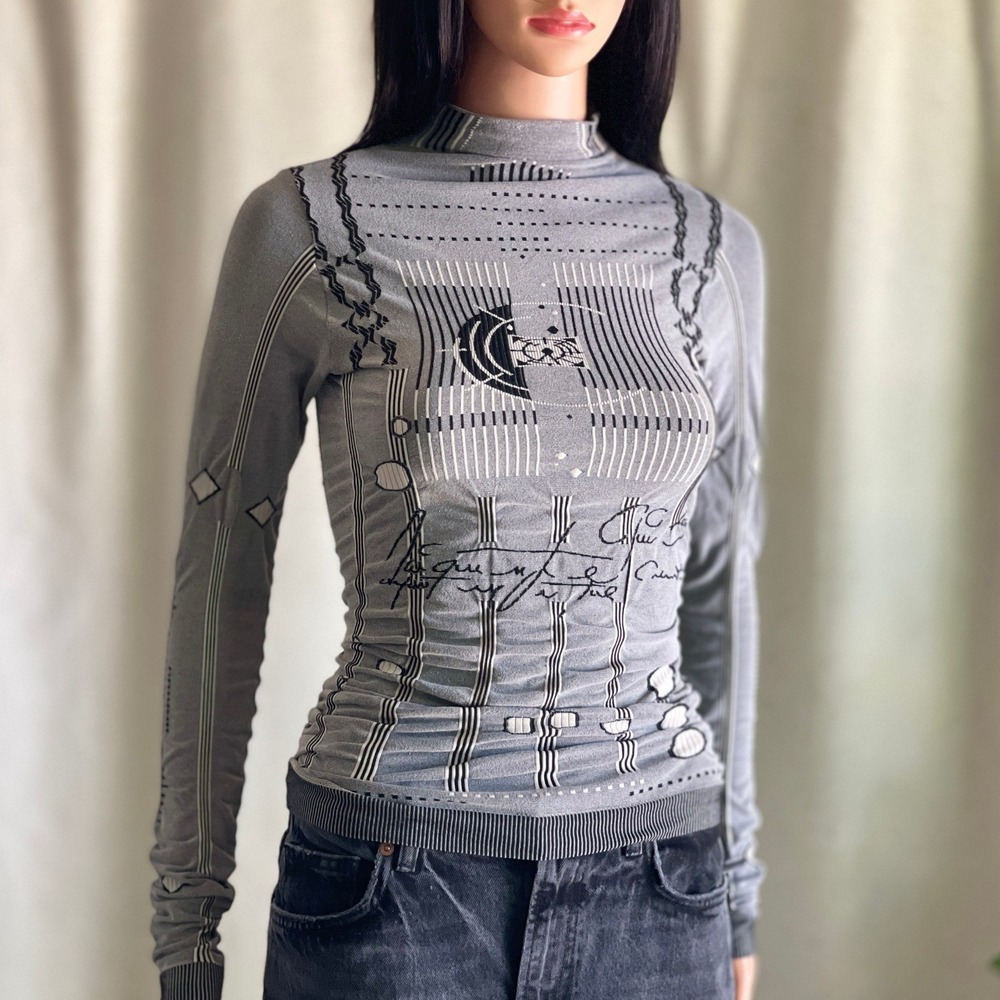 Vtg 90s Aventures des Toiles Grey Graphic Mock Neck Long Sleeve Top Grunge S